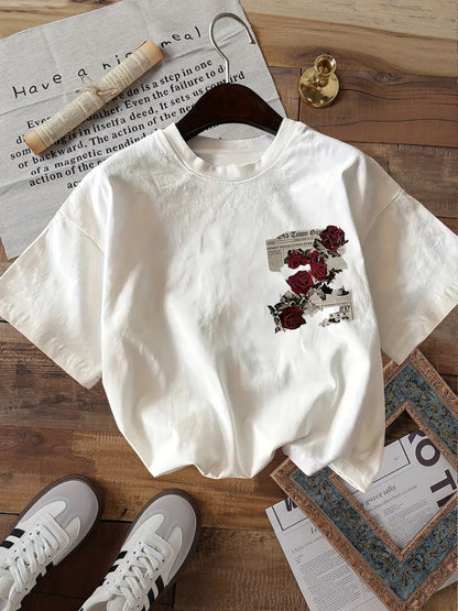 Women's Vintage Double-Sided Print Cotton T-Shirt, Casual Summer Top
