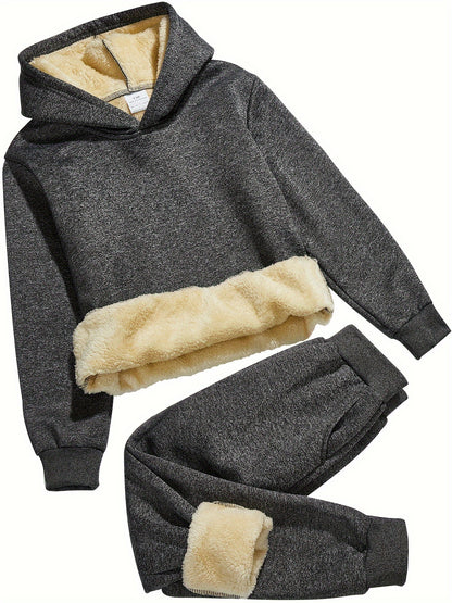 2pcs Boys' Thick Fleece-Lined Hooded Sweatsuit Set - Cozy Winter Warmth, Long Sleeve Pullover & Pants with Pockets, Casual Outdoor Playwear for Fall/Winter, for Outdoor, Winter Clothing