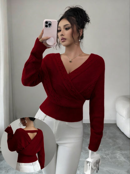 Elegant Ladies' V-neck Sweater | Solid Color, Ideal for Fall/Winter Season