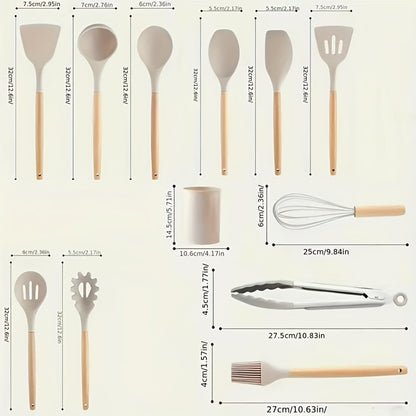 12pcs, wooden handle silicone kitchenware 12 sets, high temperature silicone spatula, spoon, cream spatula, slotted spoon, spaghetti grab, thick spoon, non-stick cooking spoon set, kitchen cooking tools, silicone kitchen uten