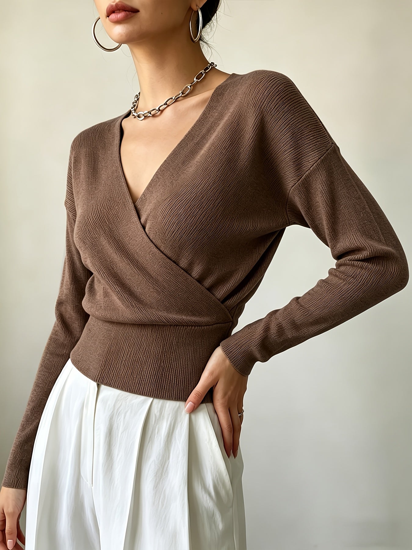Women's Elegant Cross-Collar V-Neck Pullover Knitwear for Fall/Winter
