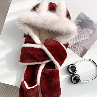 Women's Fox Ear Hat 3-in-1 with Scarf & Gloves - Winter Warm Windproof Cute Fox Ears, Lightweight Jacket-Compatible for cold Weather, Hand Washable Maomao Hat for, New Year & Holiday Outfits (Non-Stretch)