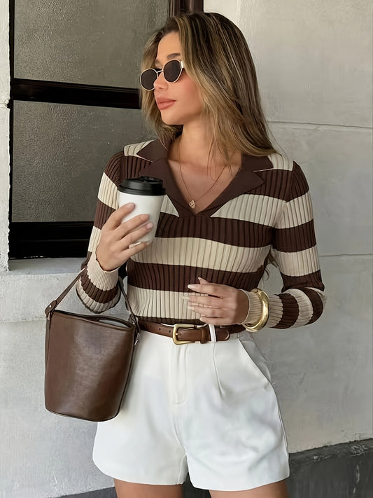 Women’s Vintage Color-Block Striped Polo Sweater for Fall - ayq
