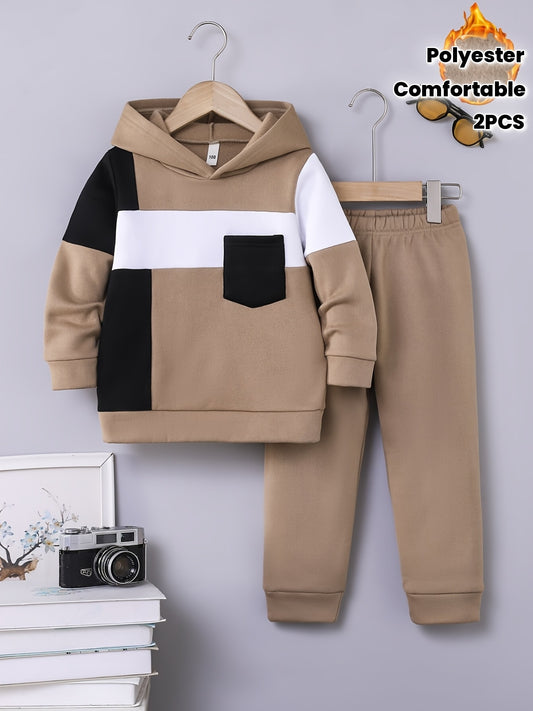 2pcs Boys' Autumn and Winter Fashion Color Block Design Hoodie and Pants Set, Warm and Comfortable Classic Sports Style Clothing for Outdoor Activities and Daily Wear, Polyester Micro-Elastic Durable Fabric, Best Choice for G