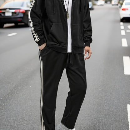 New Cross-Border Casual Sportswear Set of 2pcs, Hooded Zipper Cardigan Jacket Is Easy And Easy to Match, Side Striped Sweatpants Hide Meat And Show Long Legs, Daily Commute, Full of Comfort, Black Main Tone + Side Stripes