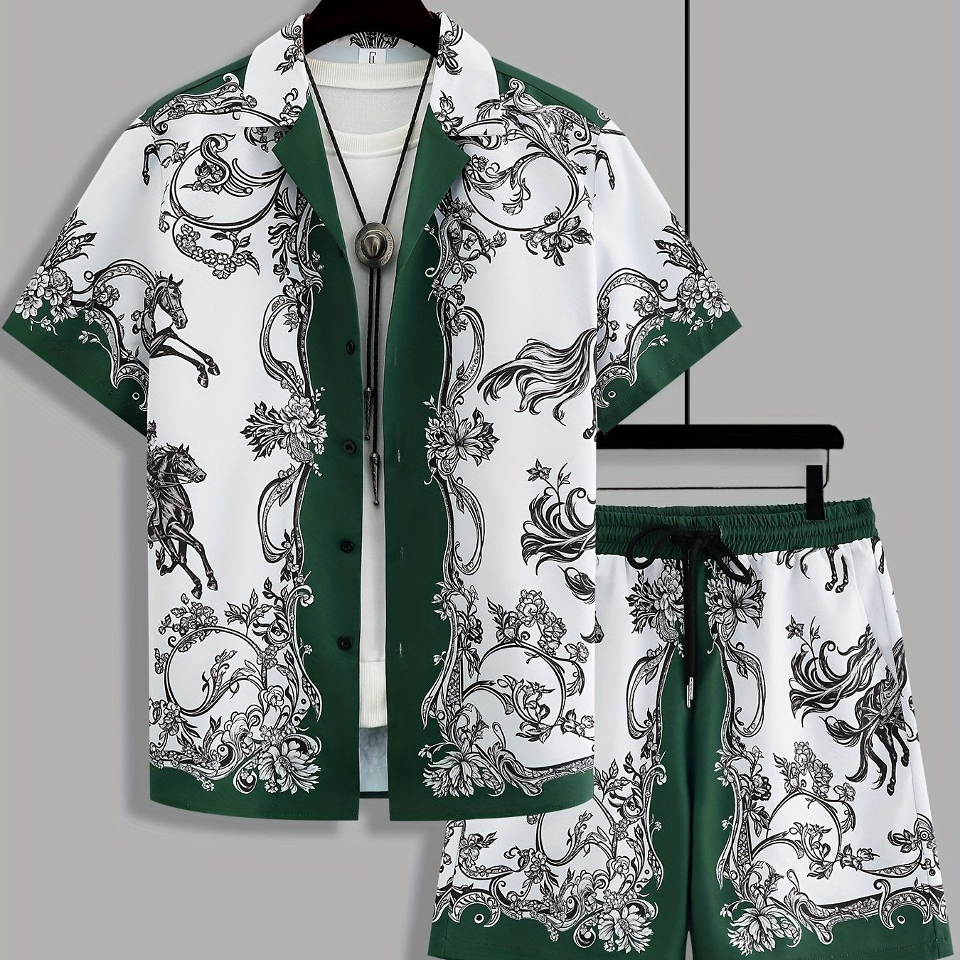 Men's Summer Suit Set: Short Sleeve Knight Print Positioning Burned Shirt with Open Collar, Drawstring Casual Shorts Pajama Two-Piece Set