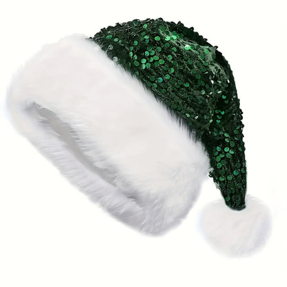 Christmas Sequin Santa Hat - Double Layer Shimmery Polyester Beanie Cap with Plush Trim, Inelastic, Handwash Only, Knitted Craftsmanship, No Feathers, Festive Holiday Headwear for Adults