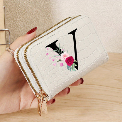 Minimalist Women'S Short Wallet Featuring a Double Zipper Design, with a Crocodile A-Z Letter Pattern. This Stylish Handbag Also Serves As a Fashionable Coin Wallet, Perfect for Travel, Back-To-School, Or Parties.