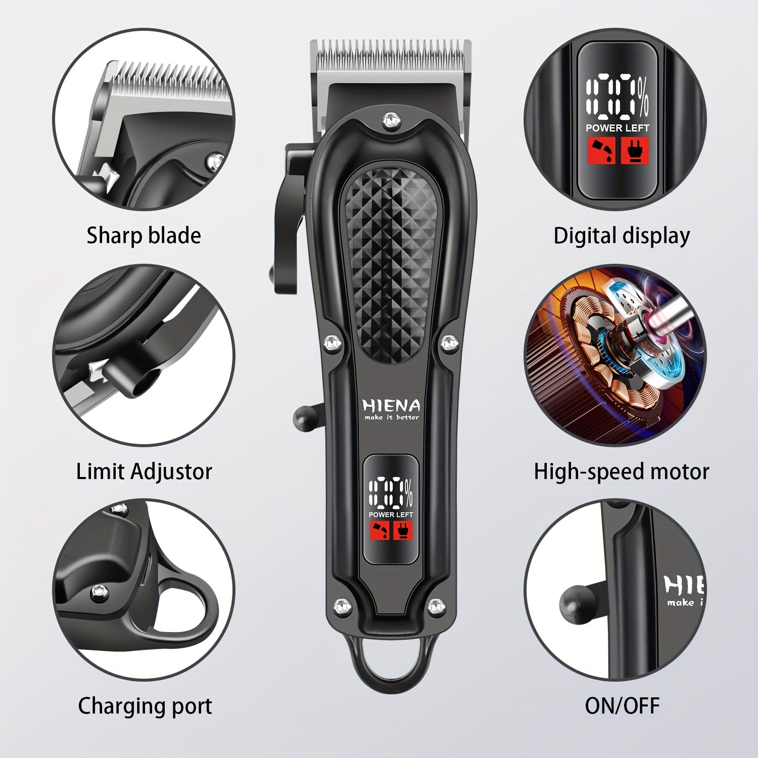 HIENA Professional Hair Clippers for Men and Women with LCD Display, USB Rechargeable, ≤36V Operating Voltage, 18650 Series Lithium Battery, Efficient and Precise Haircutting for Salon and Home Use - ayq