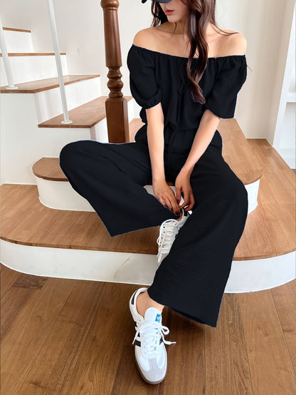 Women's Summer Solid Color Off-Shoulder Puff Sleeve Crop Top and Loose Wide-Leg Pants Two-Piece Set