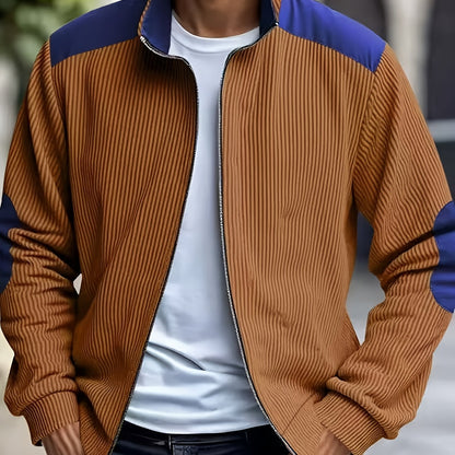 Men'S Long Sleeve Patchwork Fashion Warm Jacket, Corduroy Long Sleeve Warm Coat with Zipper Stand Collar Long Sleeve Casual Comfortable Autumn and Winter Style