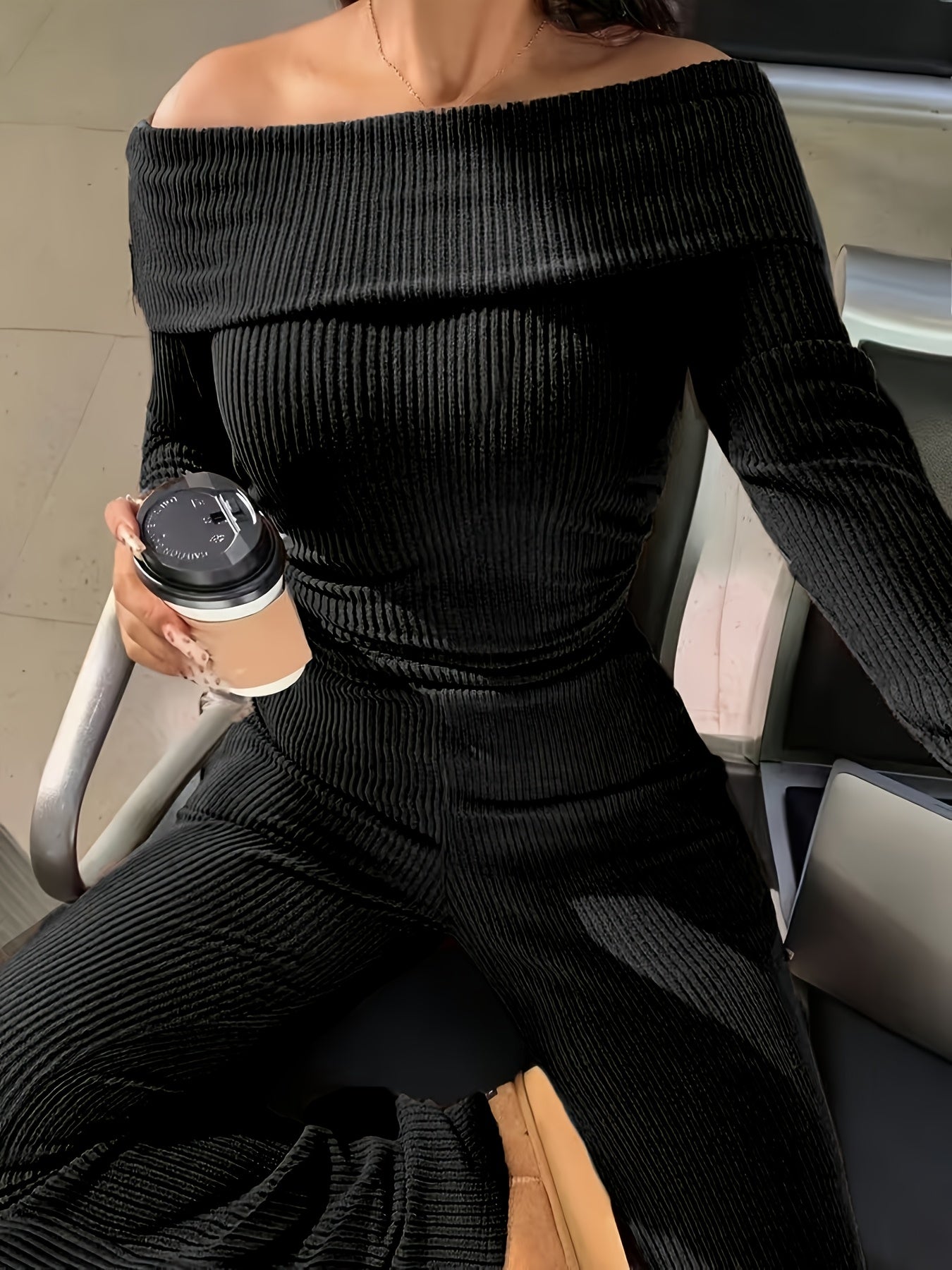 Autumn And Winter Solid Color Two-Piece Set, Sexy Off-The-Shoulder Top + Wide-Leg Flared Pants Suit, Elastic And Soft Ribbed Fabric, Machine Washable