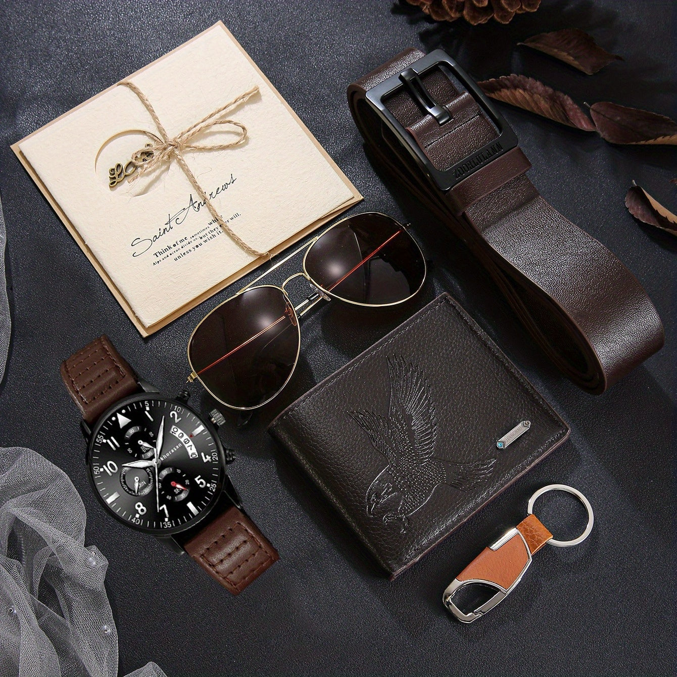A Stylish And Versatile 7pcs Set for Men, Including a Classic Faux Leather Watch, Wallet, Belt, Keychain, Greeting Card, And Glasses, Suitable for Various Occasions, Essential for Halloween, Parties, Christmas, And Birthdays