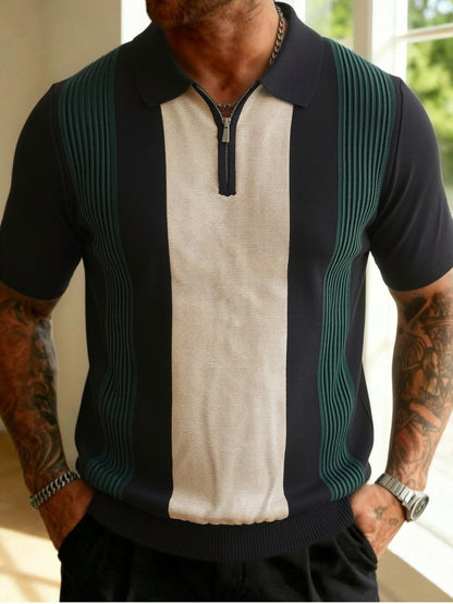 Men's Striped Knit Polo Shirt with Half-Zip for Summer Workwear