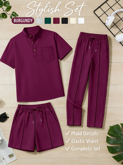 Men's Casual Stand Collar Shirt & Elastic Waist Shorts Set