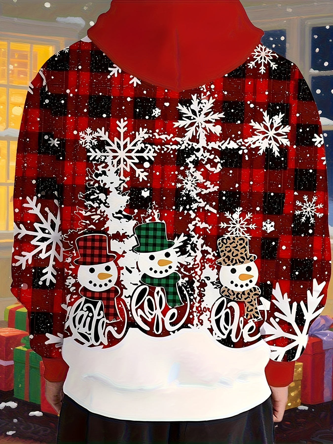 1pc Men's Christmas Plaid & Snowman Print Hooded Sweatshirt - Red & Black Checkered Winter Sweater with Hood, Machine Washable Casual Pullover for Holiday Parties, Family Gatherings & Winter Outfits - Ideal Christmas Gift for