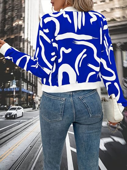 Women'S Stylish Black & White Abstract Print Zip-Up Cardigan Jacket - Casual Long Sleeve Pullover with Belted Waist, All-Season Wear, Casual Attire Jacket|Modern Casual Jacket|Zippered Jacket