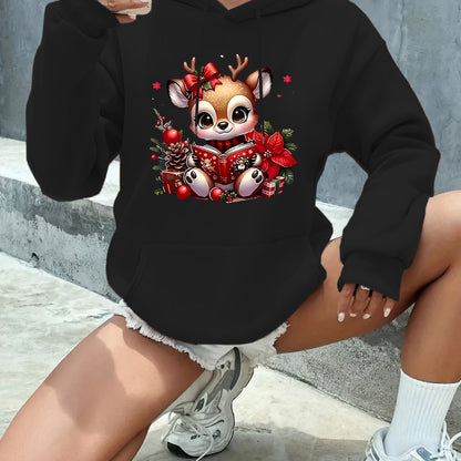 Women's Fashion Autumn/Winter Christmas Reindeer Print y Casual -Lined -Feel Hooded Sweatshirt