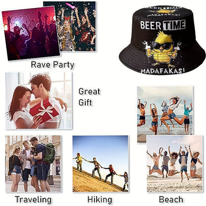 1pc Summer New Arrival Beer Time Duck Print Reversible Bucket Hat - Fun Beach & Streetwear, Sun Protection, Lightweight Polyester, Black with Colorful Graphics, Reversible Fashion | Street Style Hat | Woven Texture