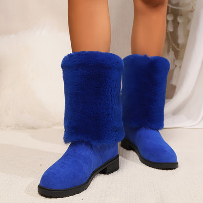 Women's Fashion Solid Color Mid-Calf Fluffy Boots with Slip-On Closure, Plain Toe Platform Heel, Comfy & Warm Fabric-Lined Winter Footwear - TPR Sole, Mid Heel, European Special from Huizhou