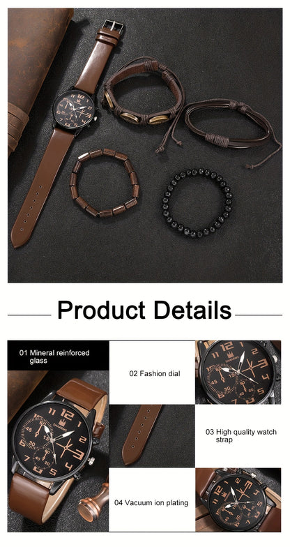 5pcs Men's Fashion Quartz Watch and Bracelet Set