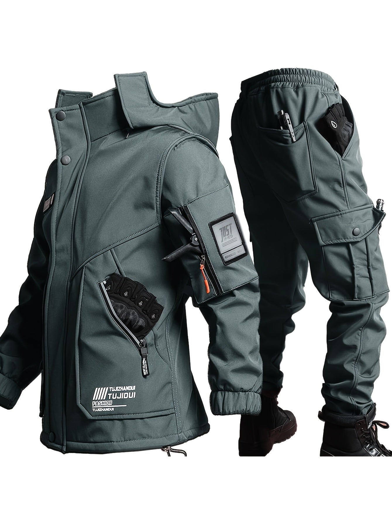 Men's Warm Fleece Casual Jacket and Pants Set for Winter