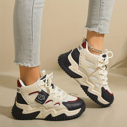 1 Pair Women'S Mid-Top Casual Sneakers, Fashion Mesh Design, Lace-Up Closure, Fabric Upper  Lining, Faux Sole, Textile Insole - Spring Season Footwear