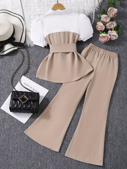 Girls' Slim Contrast Pants Set with Puff Sleeve Top for Spring