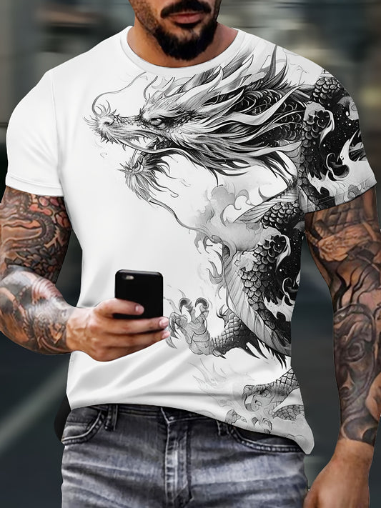 Men's Bold Dragon Graphic Tee - Short Sleeve, Crew Neck, Polyester Blend - Perfect for Summer Outings  Casual Wear