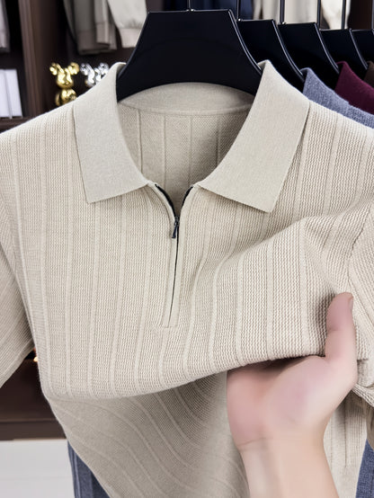 Men's Spring/Fall Knit Polo Shirt with Half-Zip Lapel