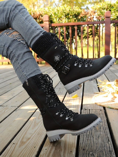 Women'S Comfortable Knitted Mid-Calf Winter Boots - Anti-Slip Side Zipper Lace-Up Design, Thick Sole, Fleece-Lined Retro Style in Black/Brown/Beige/Red/White for Casual Wear, Women Cowboy Boots, Women Winter Boots, Women Autu