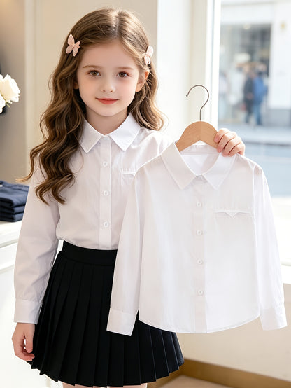 Girls' Cotton Long-Sleeve Lapel Shirt for Spring & Fall