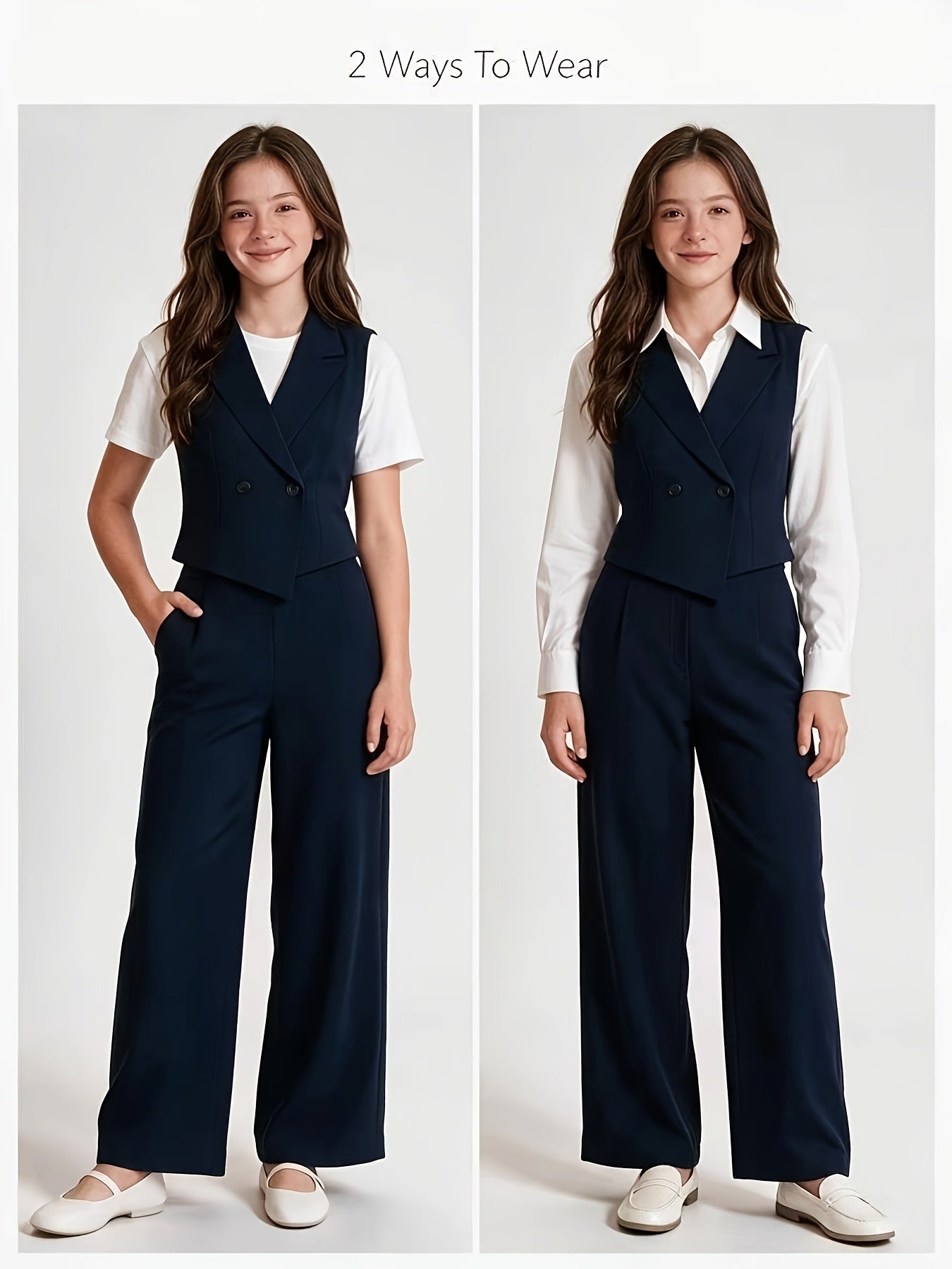 Preppy Vest & Wide-Leg Pants Set for Teen Girls, Navy & Lavender