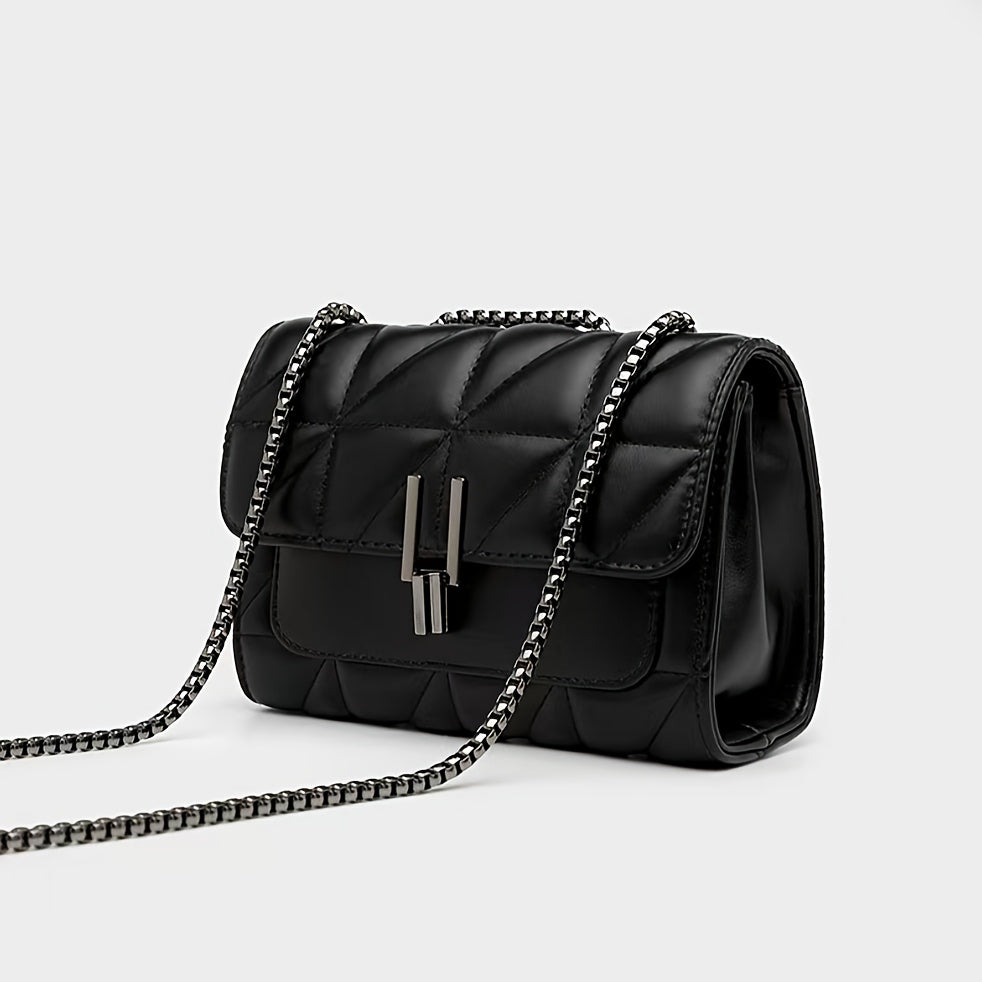 A Women'S Black Plaid Crossbody Bag with a Stylish Chain Shoulder Strap, Featuring a Flap Closure And PVC Lining, Designed for Ladies - Urban Style, Not Washable