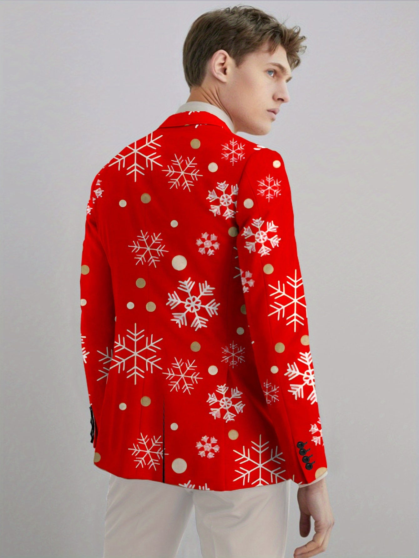Men'S Blazer - Red & White Snowflake pattern with Golden dots, Business Formal & Casual Coat, All-Season Jacket for Office, Parties, Everyday - Classic Lapel, Structured Fit, Easy-Care Professional Outerwear, Office Wear, Tre