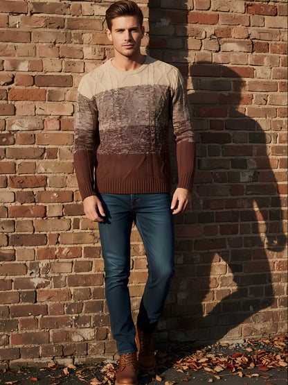 Men'S Casual Pullover Sweater for Spring And Autumn, Featuring a Color-Blocked Cable Knit Design, Made from 100% Acrylic Material.