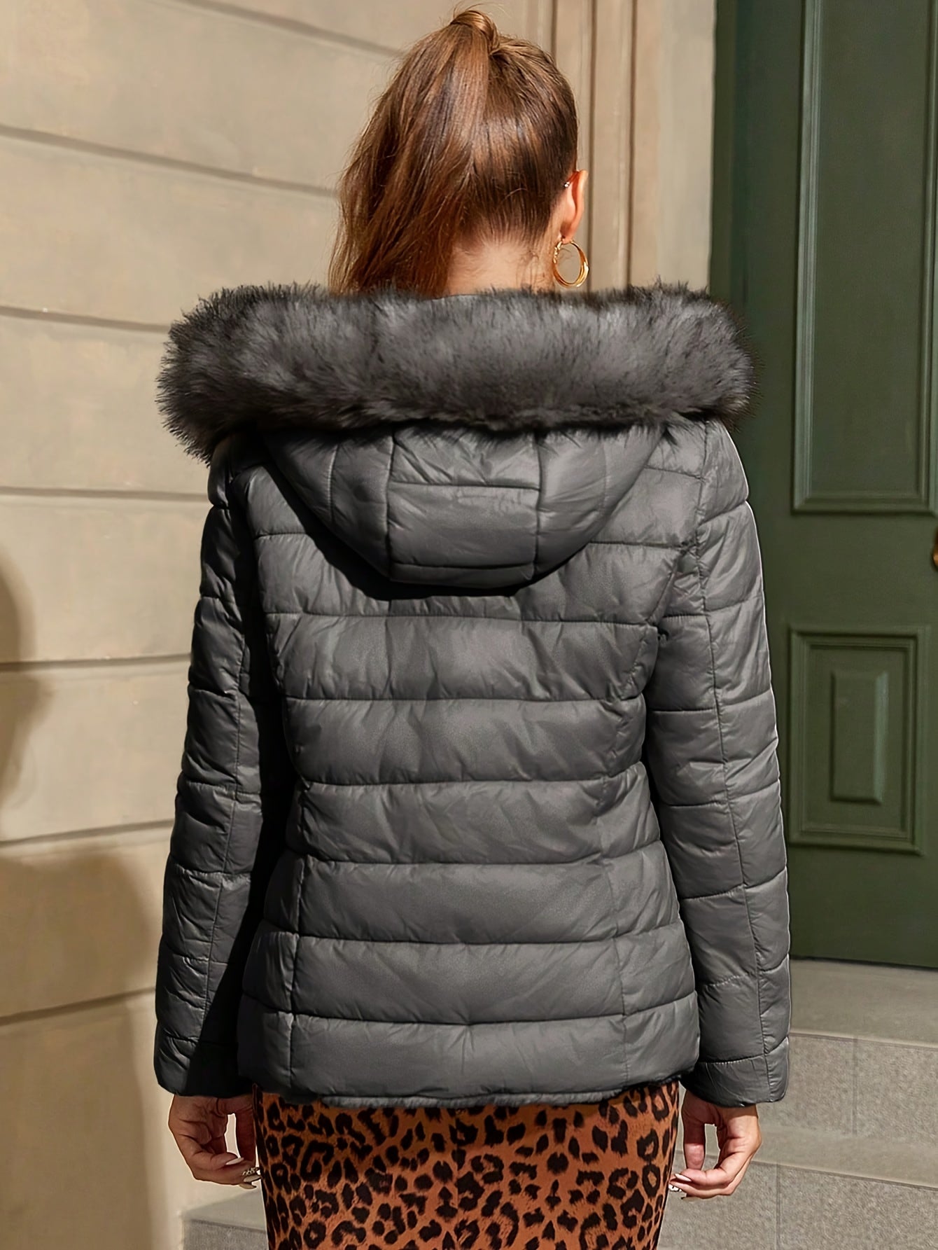 Women'S Heavyweight Winter Coat - Dual-Sided Reversible Jacket with Full-Zip Front, Hooded Collar, Two-Way Zipper Closure - Warm Outerwear for Cold Weather, Office, Travel - Elegant Brown Coat (Size & Wash Label in Pocket), L