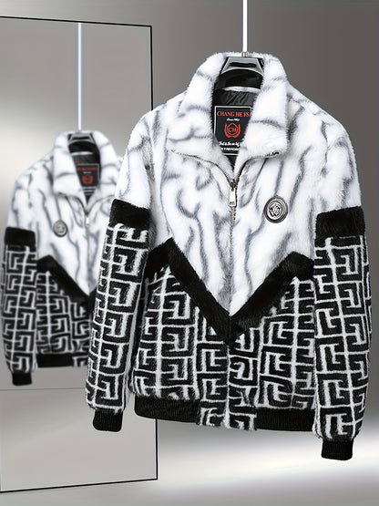 Men'S Winter Jacket - Brown & Black Color Block Coat with Stand-Up Collar, Zipper Closure, Non-Stretch Fabric for Formal & Everyday Cold Weather - Luxury Outerwear for Office, Parties, Casual Outfits, Party Attire, Sophistica