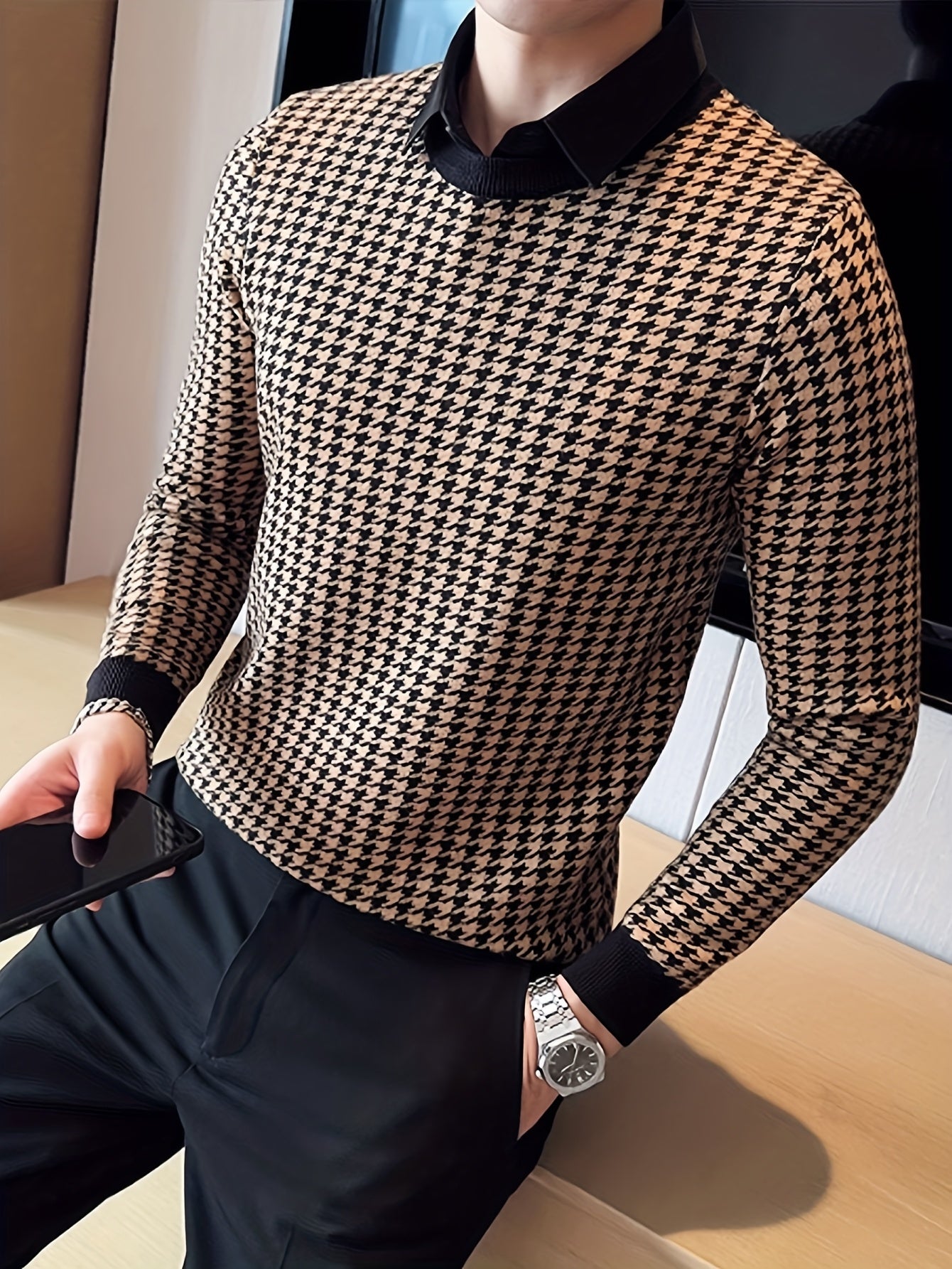 New Men'S Houndstooth Color-Blocked Sweater, Casual Pullover with Round Neck And Long Sleeves, Knit