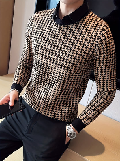 New Men'S Houndstooth Color-Blocked Sweater, Casual Pullover with Round Neck And Long Sleeves, Knit