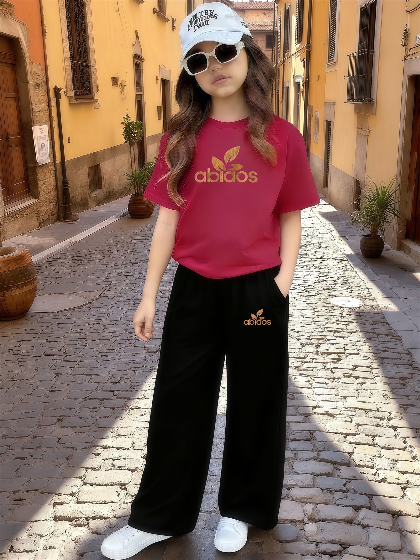 Girls Casual 2-Piece Summer Set: Printed T-Shirt & Wide Leg Pants