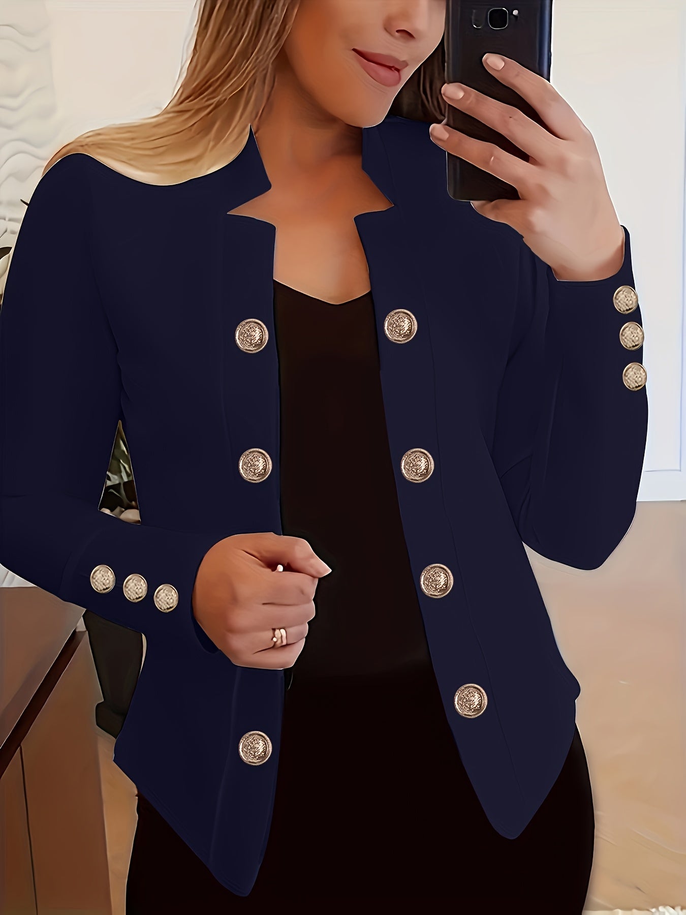 Plus Size, Women's Navy Blue Double-Breasted Blazer - Elegant Long Jacket with Button Front Closure, Machine Washable Office & Party Coat for Women, Formal Everyday Chic Outerwear, Spring Fashion, Classic Silhouette, Structur