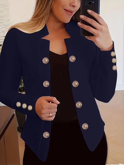 Plus Size, Women's Navy Blue Double-Breasted Blazer - Elegant Long Jacket with Button Front Closure, Machine Washable Office & Party Coat for Women, Formal Everyday Chic Outerwear, Spring Fashion, Classic Silhouette, Structur