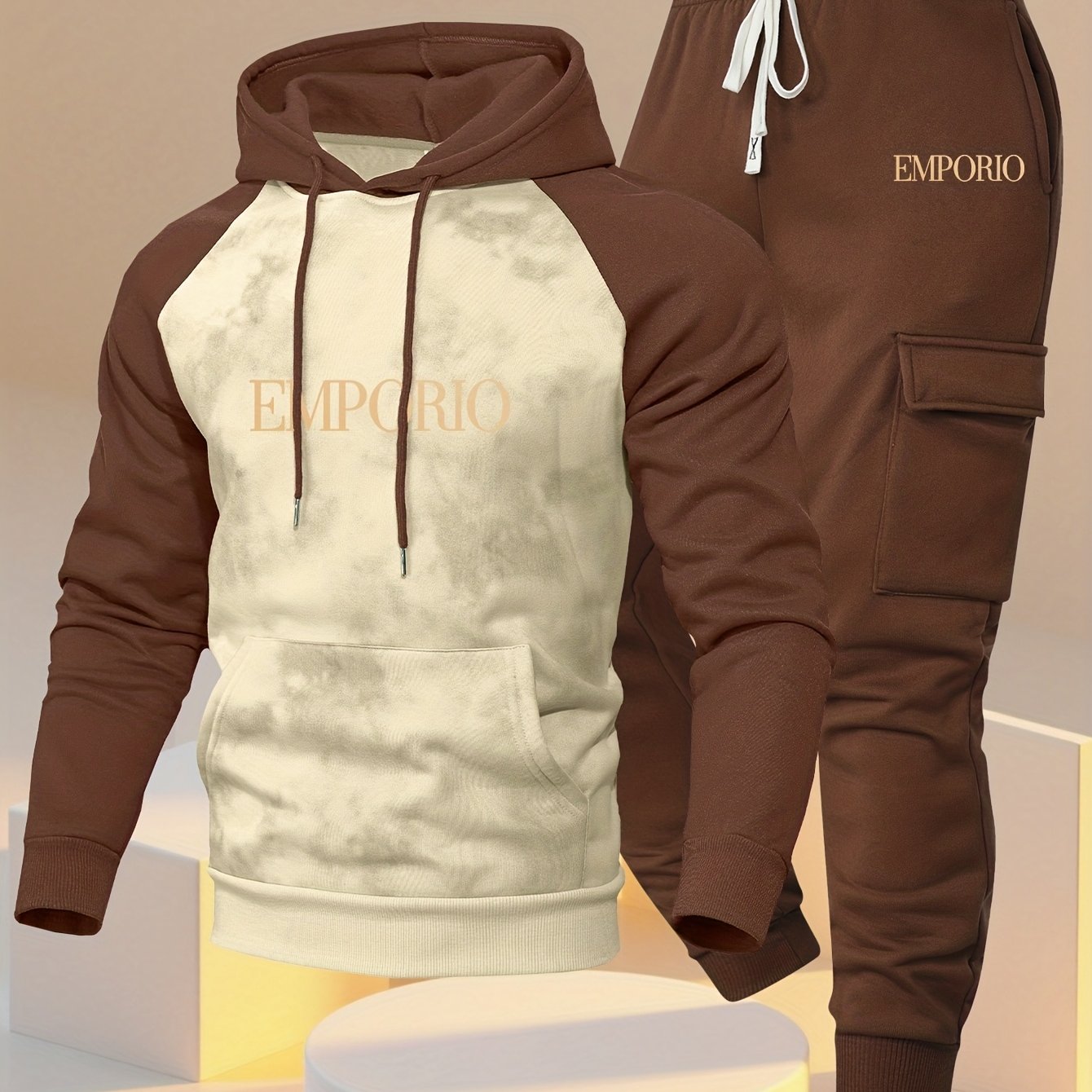New Trendy Fashion Raglan Sleeve Colorblock Hoodie and Loose Cuffed Drawstring Cargo Pants with Multiple Pockets, Casual Daily Comfortable Versatile Breathable Hooded Sweatshirt and Loose Long Pants 2pcs Set with Stylish Prin