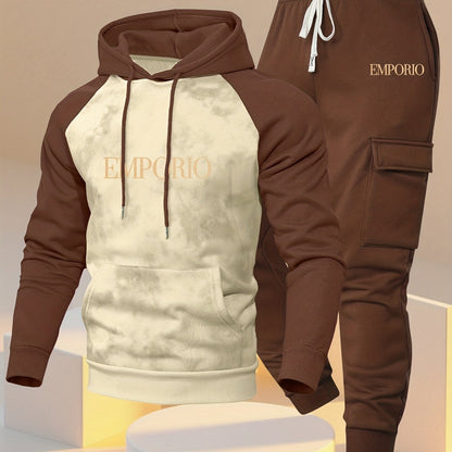 New Trendy Fashion Raglan Sleeve Colorblock Hoodie and Loose Cuffed Drawstring Cargo Pants with Multiple Pockets, Casual Daily Comfortable Versatile Breathable Hooded Sweatshirt and Loose Long Pants 2pcs Set with Stylish Prin