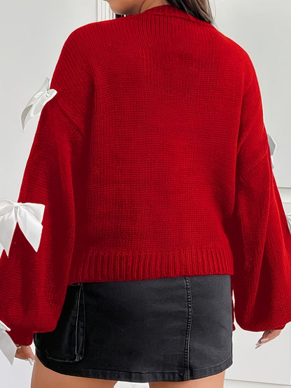 Plus Size - Women'S Casual V-Neck Cardigan with Playful Bow Details - Red, Long Sleeve, Button-Up Front, Lightweight & Breathable for Spring/Fall, Perfect for Casual Attire or Vacation Style, Spring Outerwear | Vneck Design |