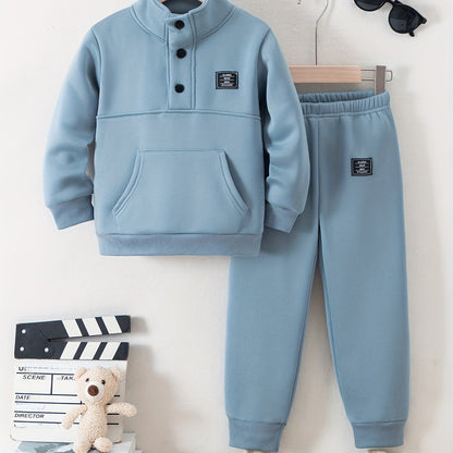 Boys' Cozy Fleece-Lined Hoodie & Sweatpants Set - Olive Green Casual Winter Outfit with Pockets, Thick Warmth for Fall & Winter, Regular Fit, Casual Attire, for Outdoor