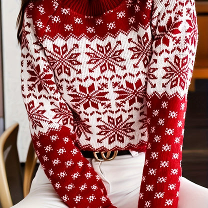 Women's Elegant Red & White Winter Sweater with Snowflake Pattern - Long Sleeve Round Neck Christmas Sweater for Holiday Parties, New Year's Eve & Everyday Winter Wear - Cozy Warm Sweater for Women, Festive Snowflake Design,