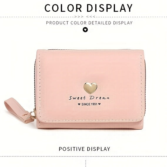 New Women'S Short Wallet, Cute Korean-Style Heart-Shaped, Large Capacity with Multiple Card Slots, Trendy Tri-Fold Design.