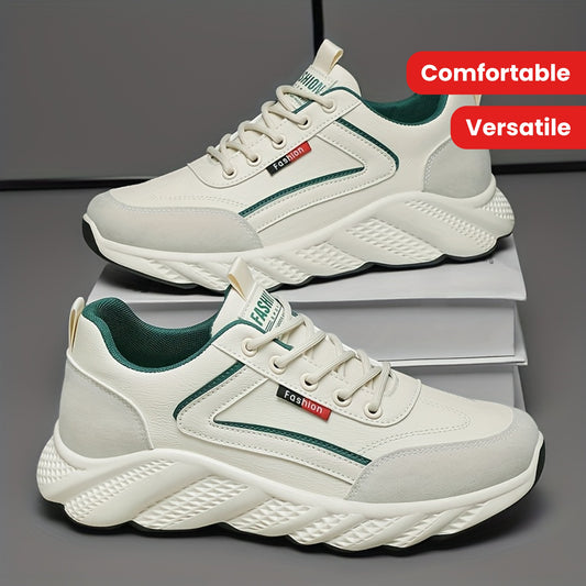 Men's Versatile Casual Sneakers - White  Green Low-Top Lace-Up Shoes with Rubber Sole, Comfortable for Casual Attire and Athletic Activities
